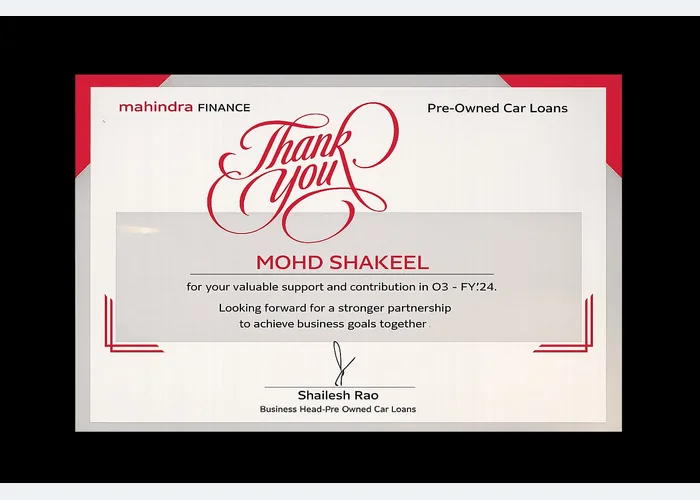 Mahindra Finance thank-you certificate presented to Mohd Shakeel for support and contribution in Q3 FY 2023–24