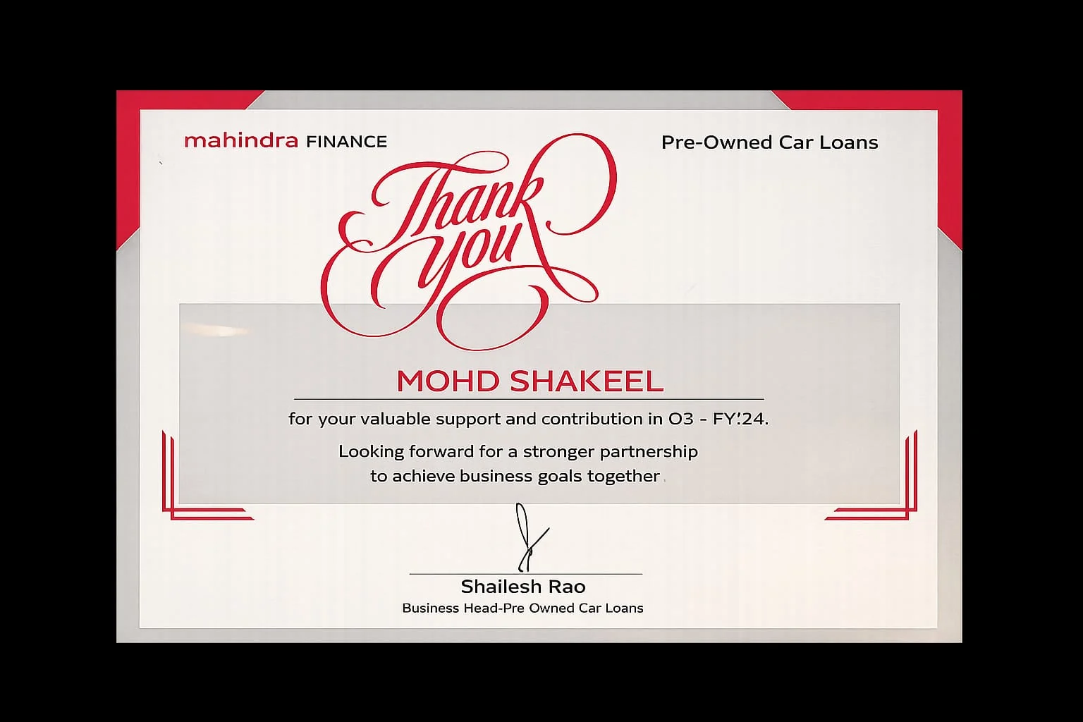 Mahindra Finance thank-you certificate presented to Mohd Shakeel for support and contribution in Q3 FY 2023–24
